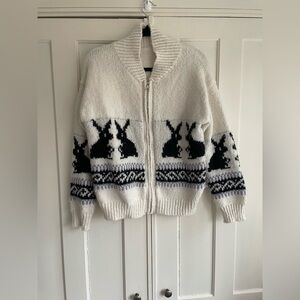 Cozy Sweater White and Black Bunny Cardigan Easter Large Fair Isle Scandinavian